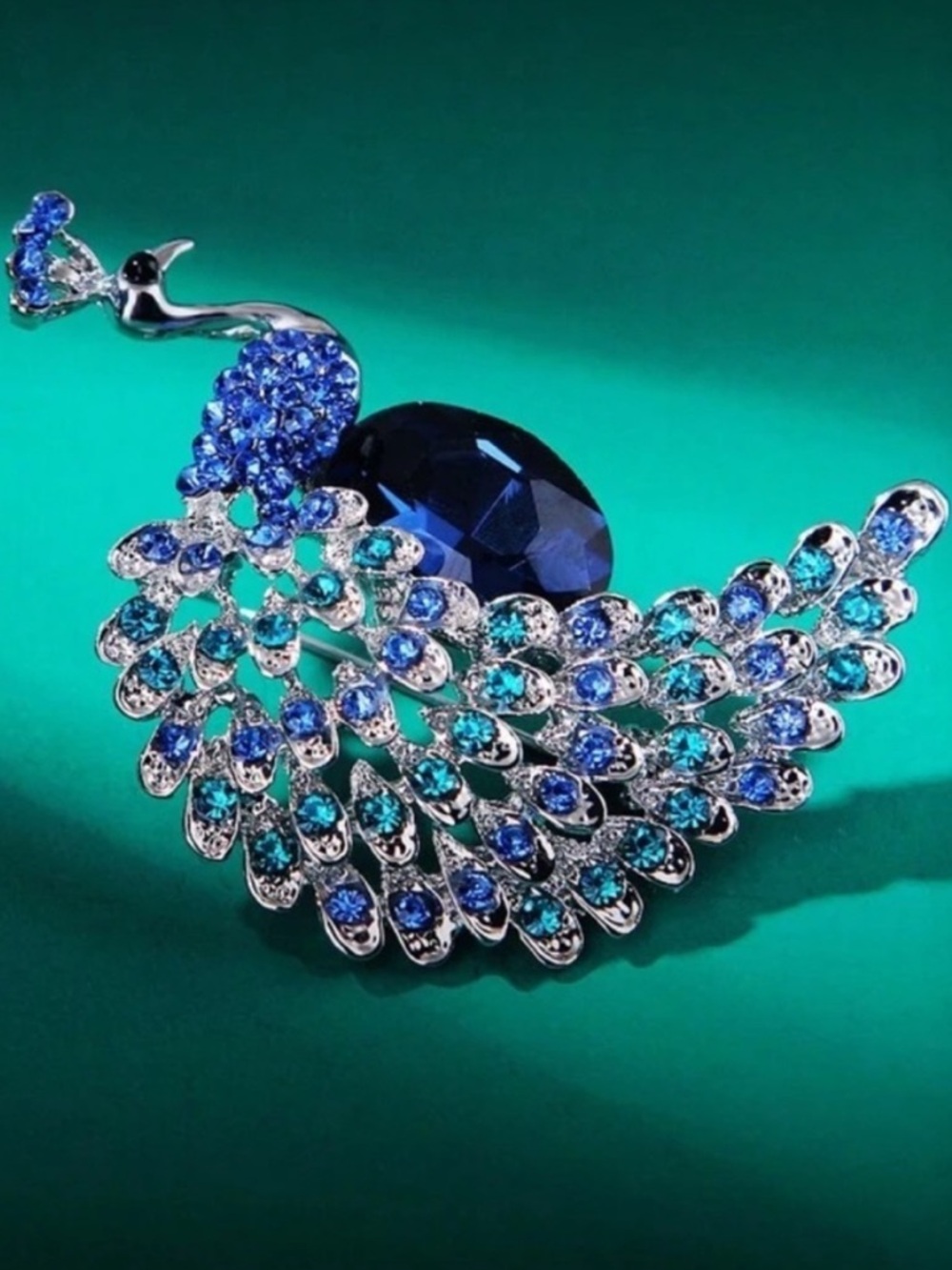 Anthropologie Silver Peacock Brooch with Blue and Teal Crystals - Picture 4 of 6
